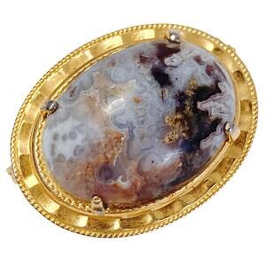 VTG Mid Century Brooch Agate Gemstone Oval Stone Pin 1960s 1970s Gold Tone
